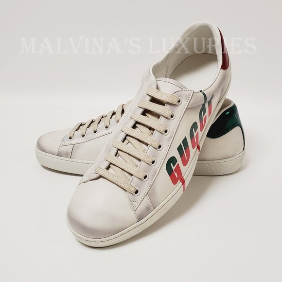 GUCCI SNEAKERS MENS ACE BOLT LOGO DISTRESSED WHITE LEATHER SHOES sz 11G 11.5 - Picture 5 of 13